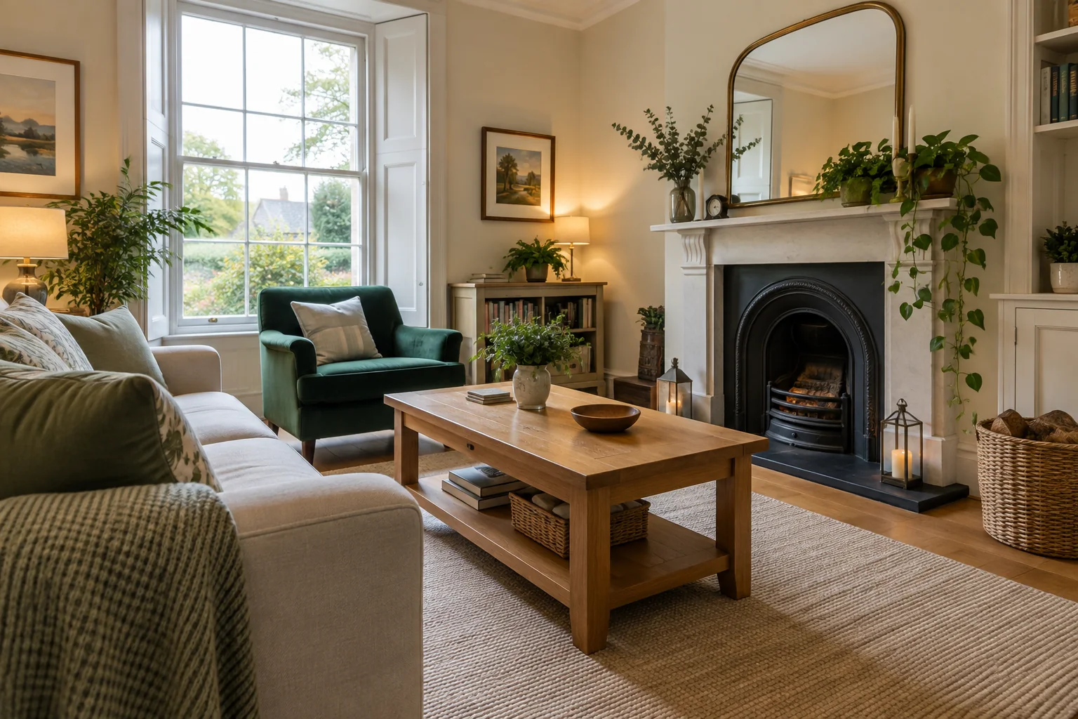Bright sitting room with a cream sofa and green armchair